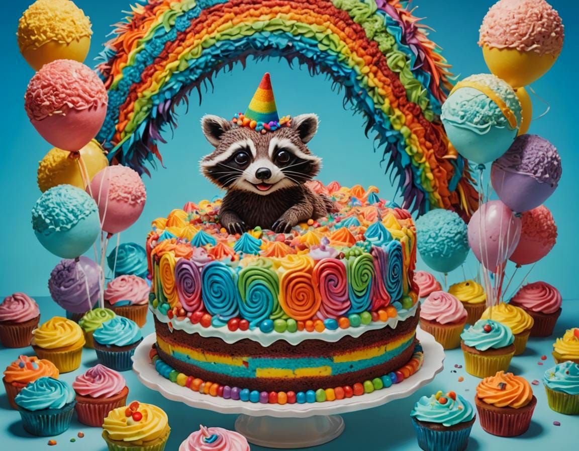 Rainbow Raccoon Cake with Ostrich Girl