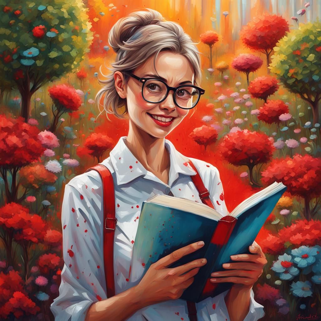Happy Teacher in Garden: Graffiti Art Portrait