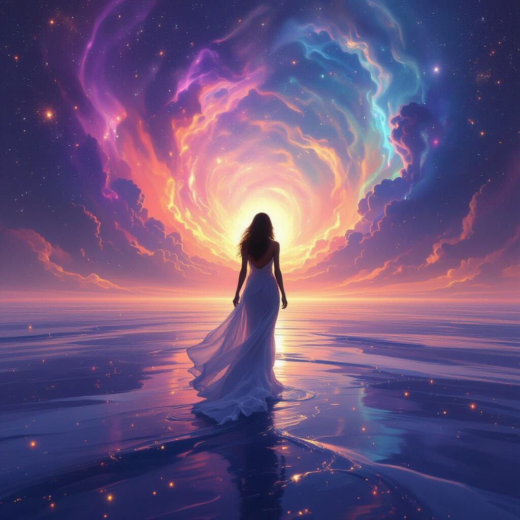 Woman Stepping Into Cosmic Nebula Digital Painting
