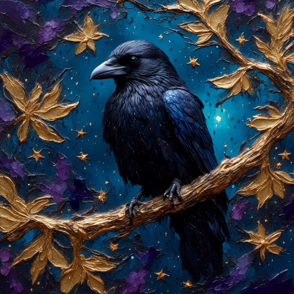 Raven in Starry Night Sky: Hyper-Realistic Oil Painting