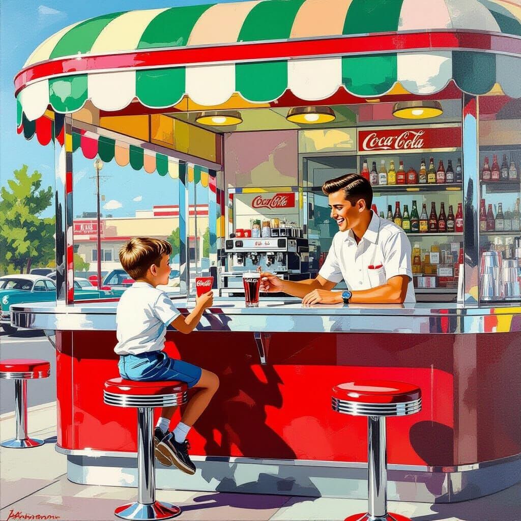 1960s Hamburger Stand Oil Painting with Chrome Accents