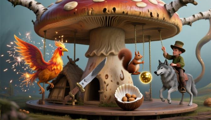 Mushroom Carousel with Firebird and Mythical Figures