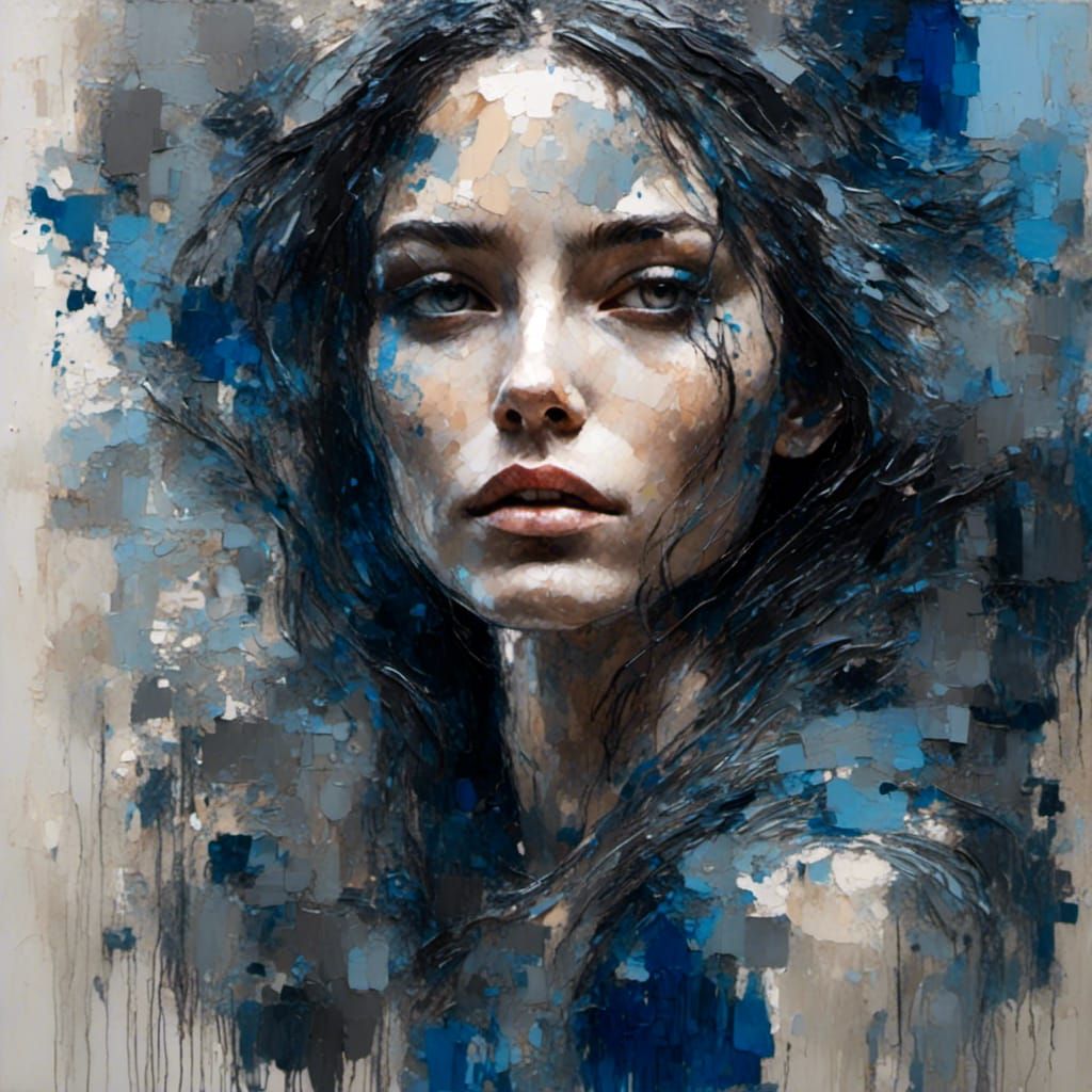 Expressive Portrait of Woman in Indigo and Gray