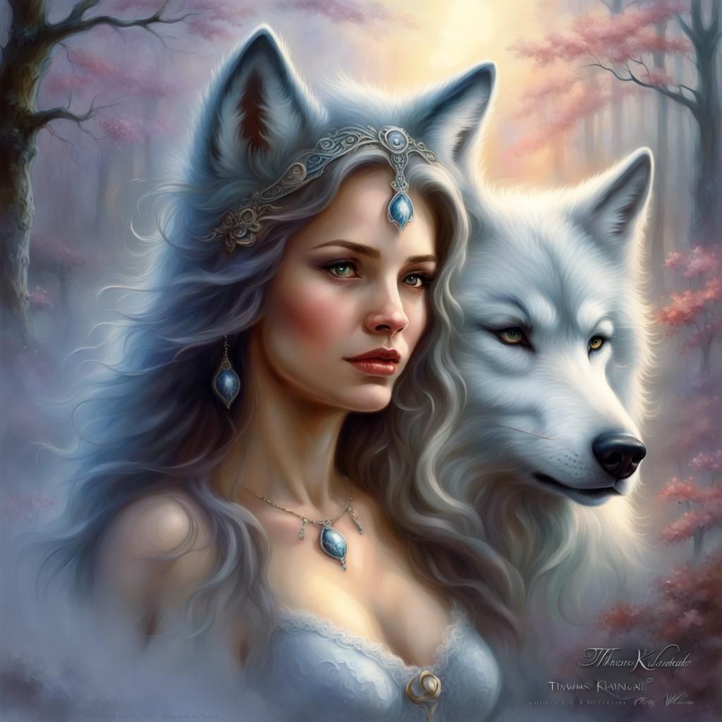 Ethereal Wolf Woman in Fantasy Landscape