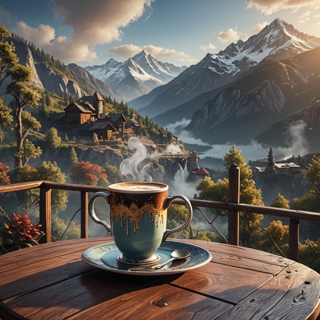 Coffee Mug with Mountain View: Detailed Matte Painting