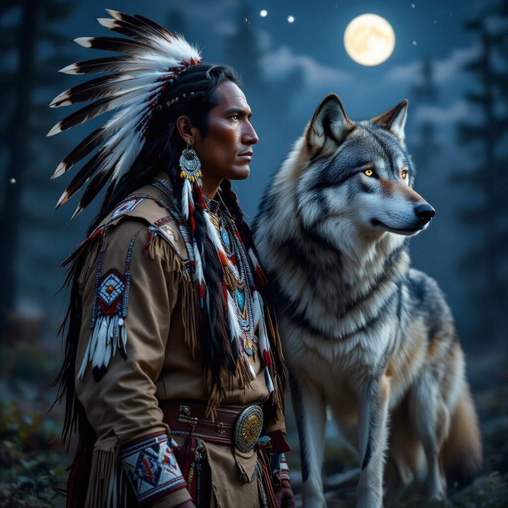 Native American Warrior and Wolf in Moonlight