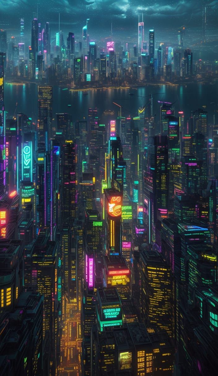Cyberpunk Metropolis at Night: Neon and Skyscrapers