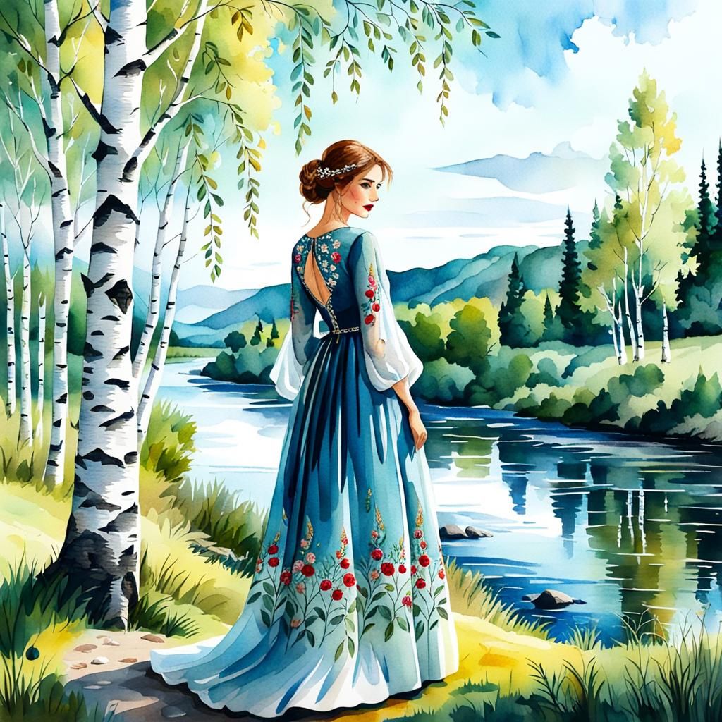 Girl in Embroidered Dress, Watercolor Illustration