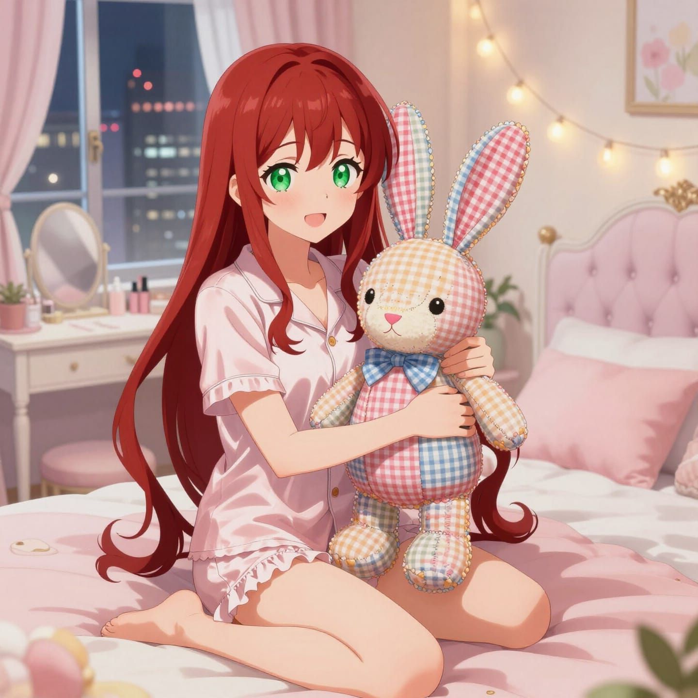 Japanese Woman Hugs Plush Rabbit in Shibuya Bedroom