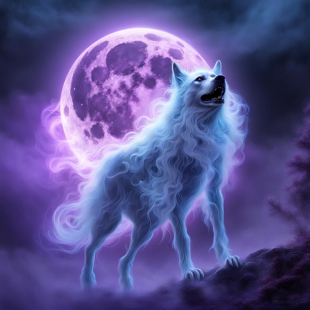 Glowing Wispy Werewolf Ghost with Moon and Stars