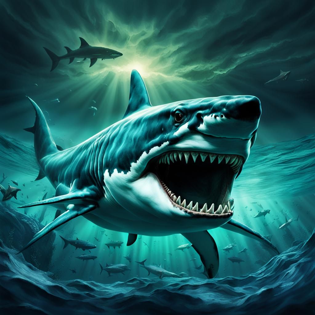 Megalodon Portrait in Prehistoric Aquatic Scene
