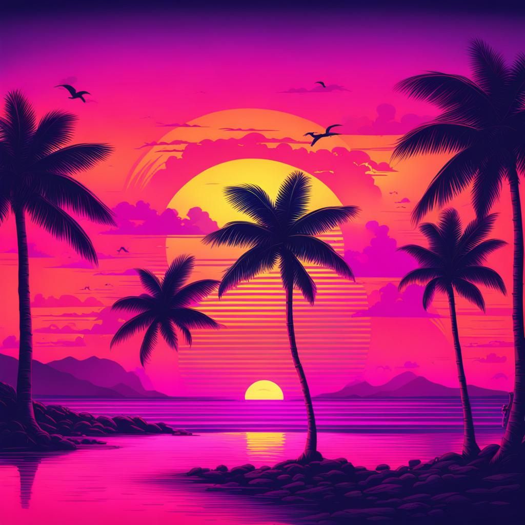 Synthwave Sunset at Beach with Neon Colors
