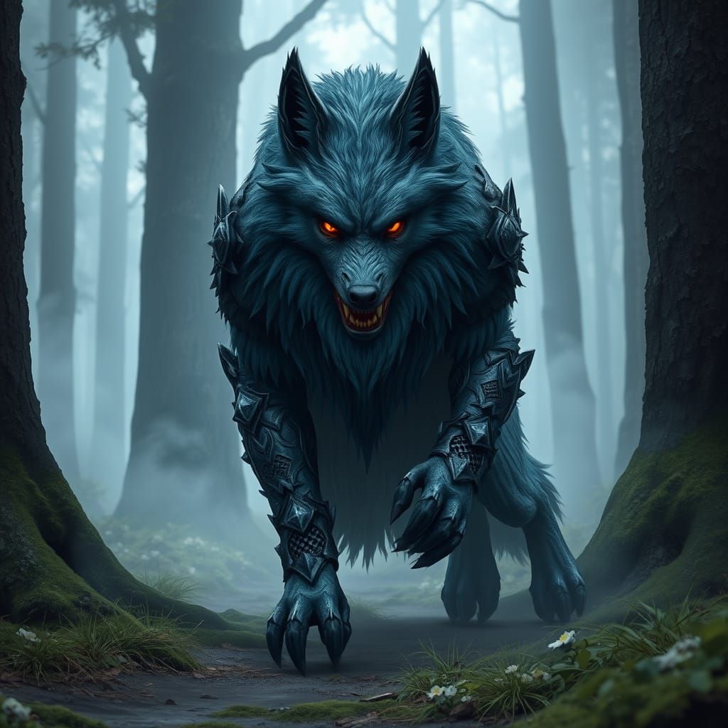 Wolf in Dark Armor Emerges from Misty Forest