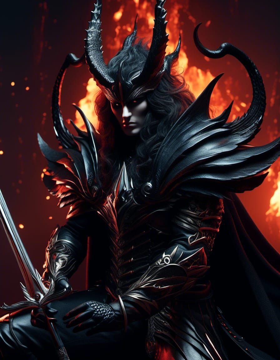 Extremly detailed Portrait of Lucifer Morning Star standing in a dark cavern, with obsidian stalactites,l shooting up ou...