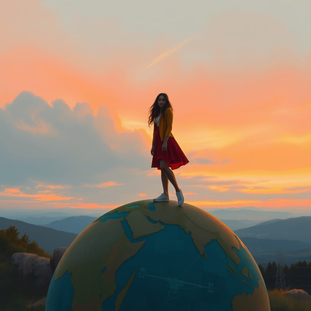 Woman on Globe at Dawn Dusk in James Gurney Style