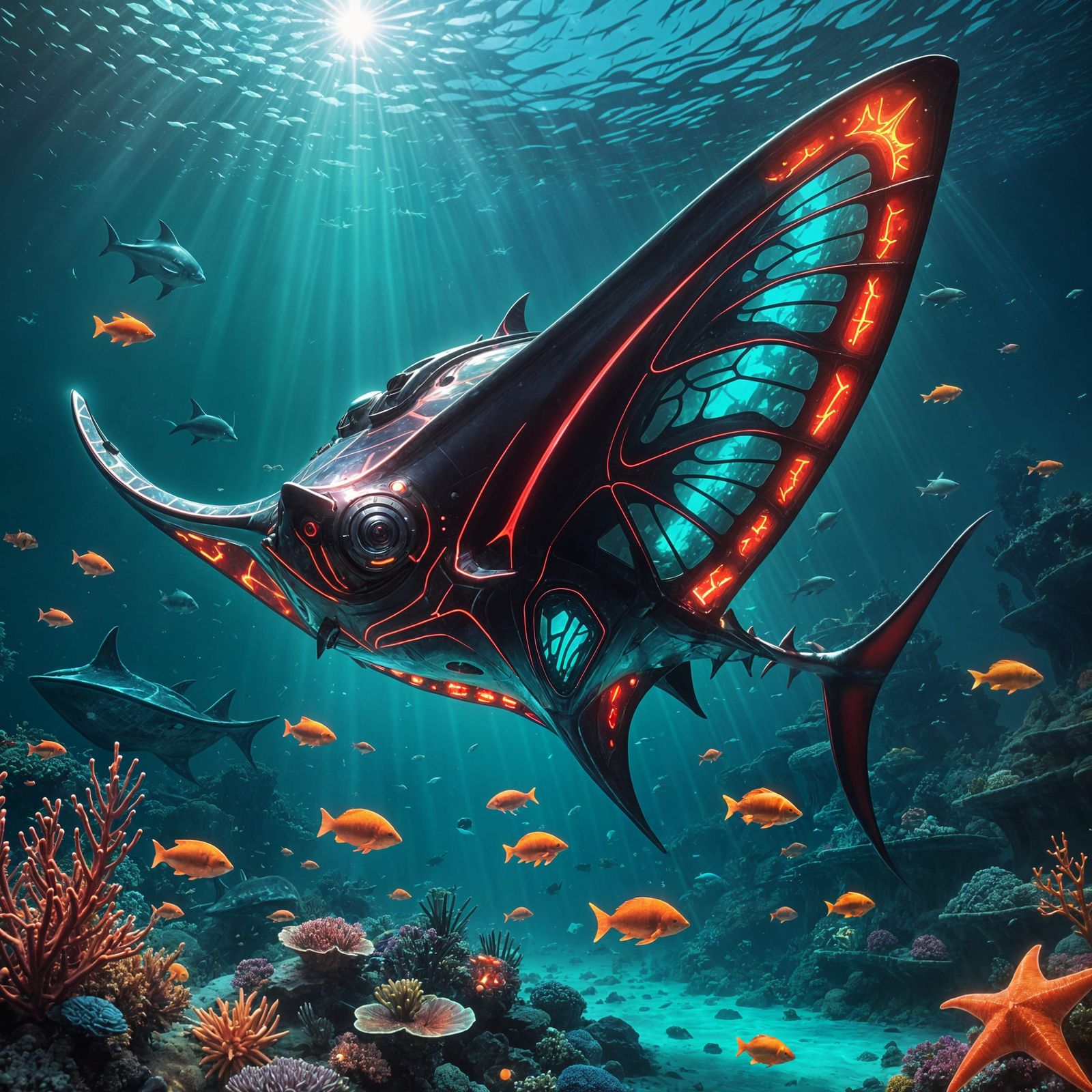 Cyberpunk Manta Ray Radiating Red in Astral Ocean
