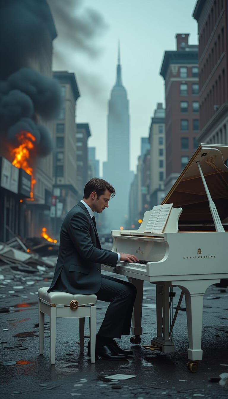 Ruined City Piano Player: Cinematic Realism