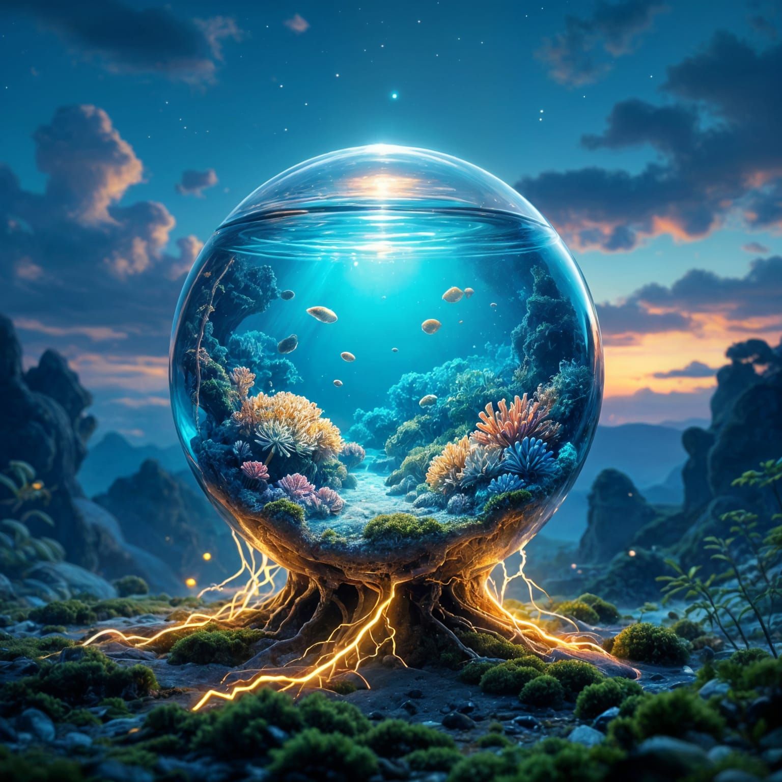Glass Orb With Water World and Mycelium Roots