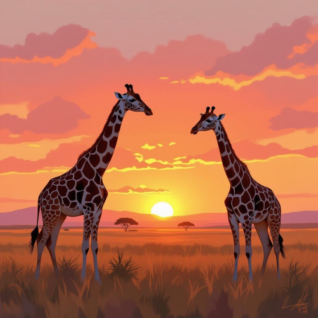 Giraffes at Sunset in Painterly Style