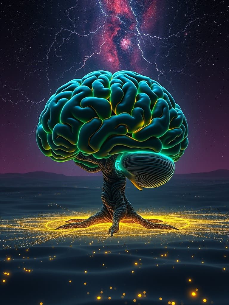 Ethereal Cosmic Brain in Neon-Lit Wasteland