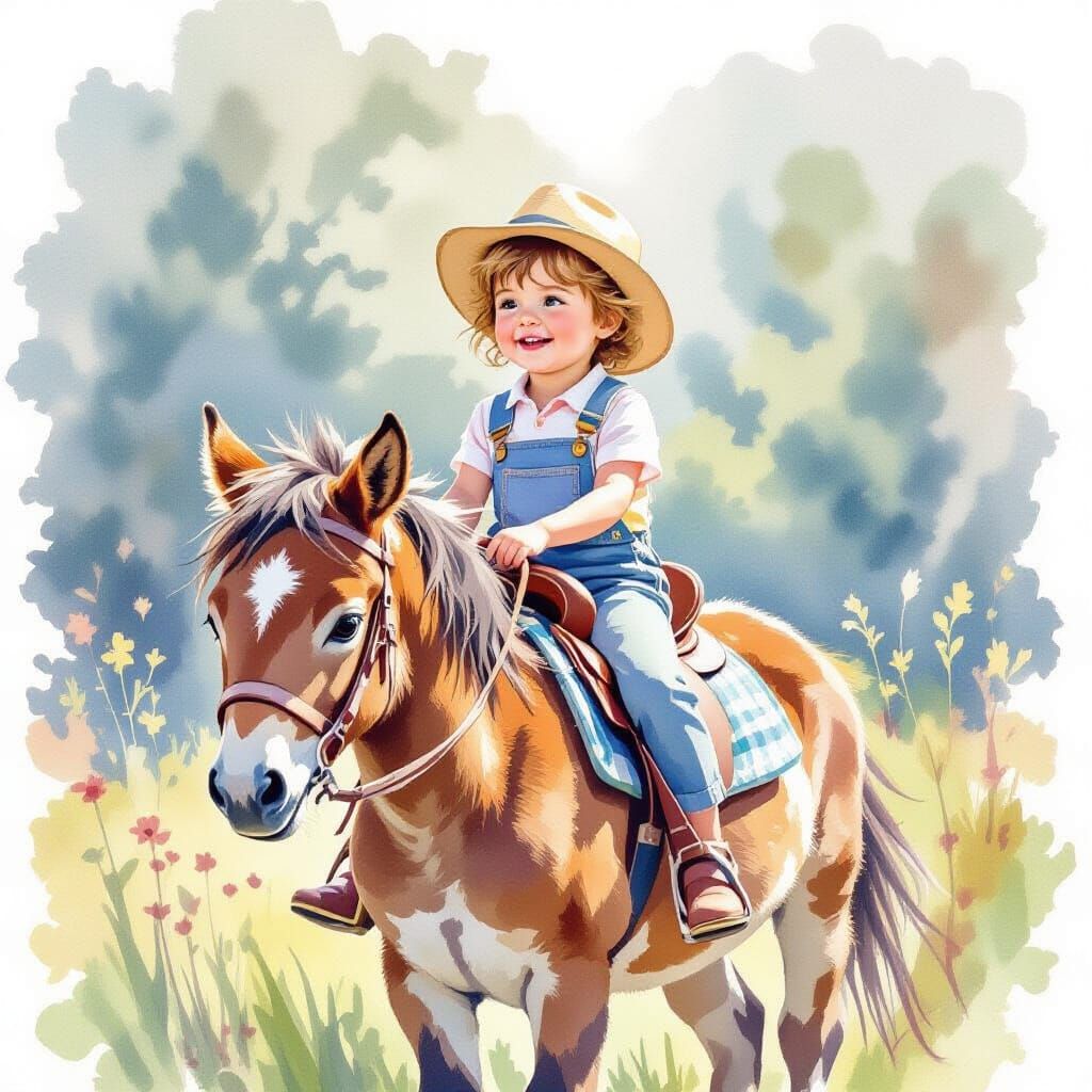 Child Riding a Donkey in Watercolor Style
