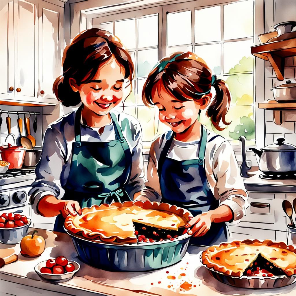 Mom and Daughter Baking Pie: Watercolor Illustration