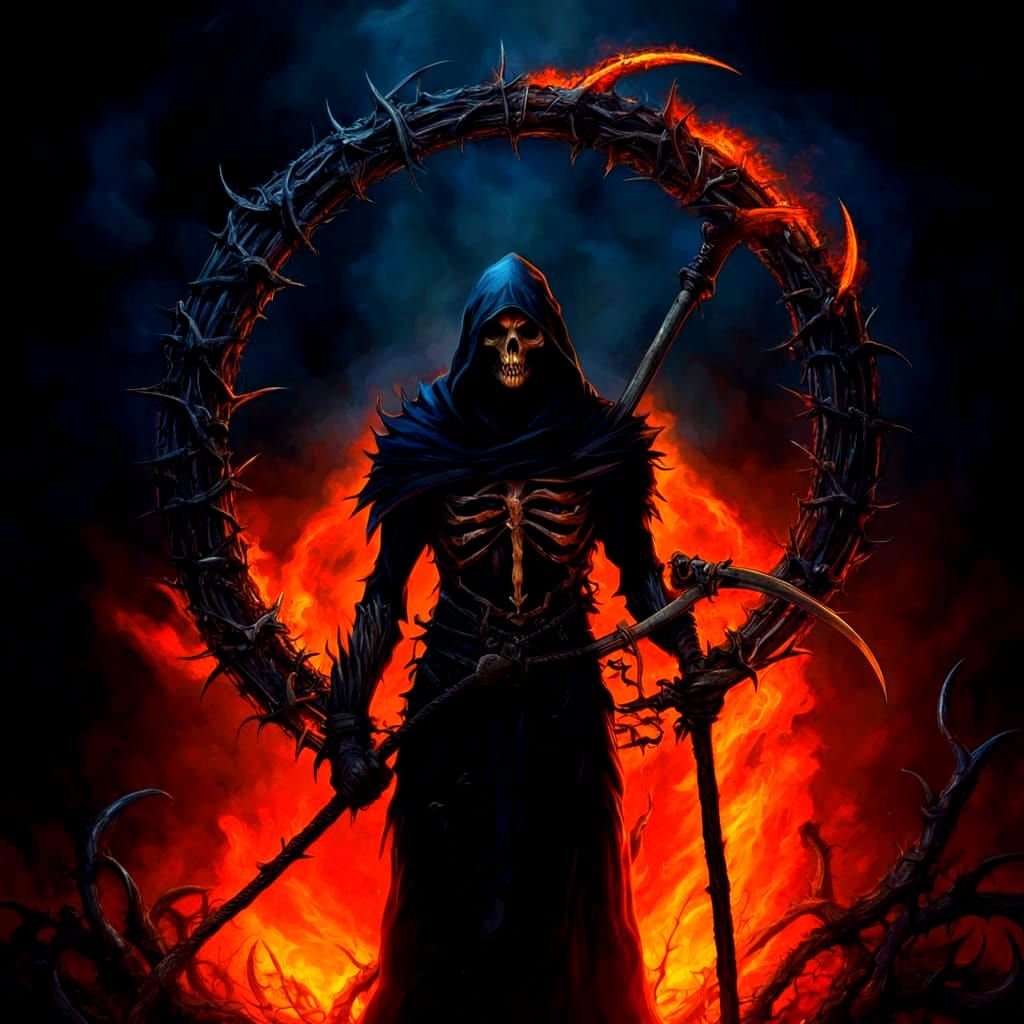 Gothic Reaper with Fiery Thorns in Matte Painting Style