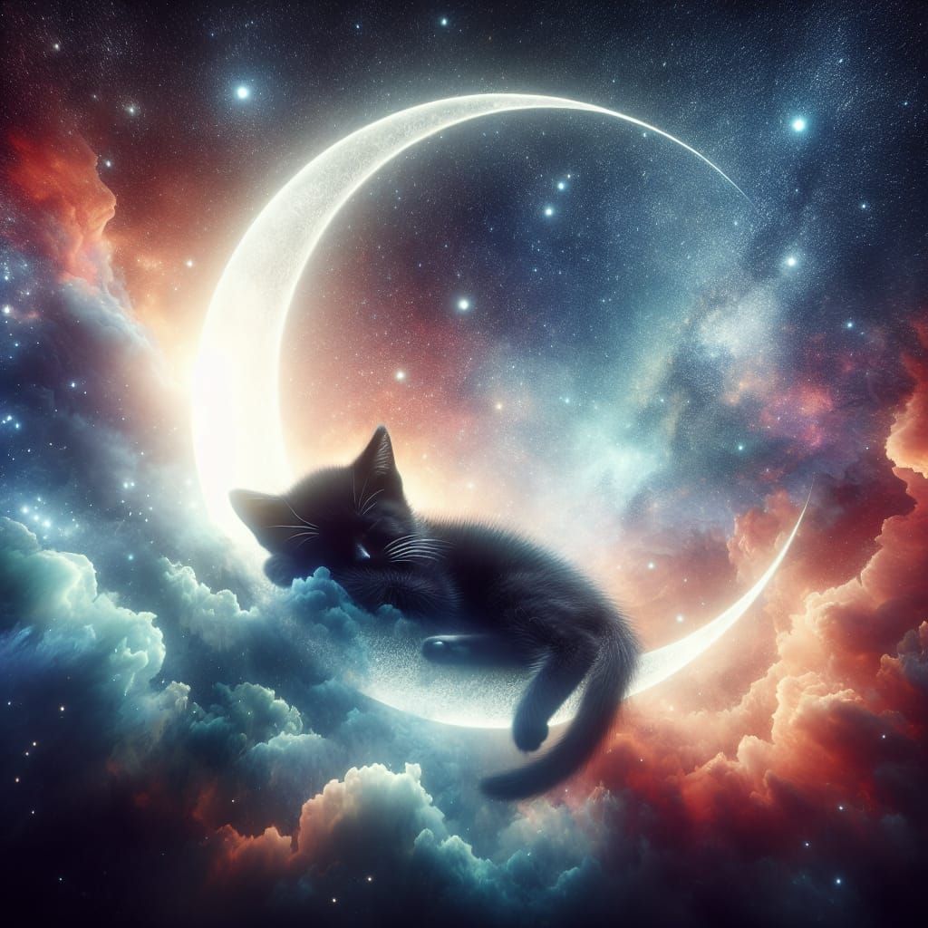 Soothing Night Scene with Crescent Moon and Sleeping Kitten
