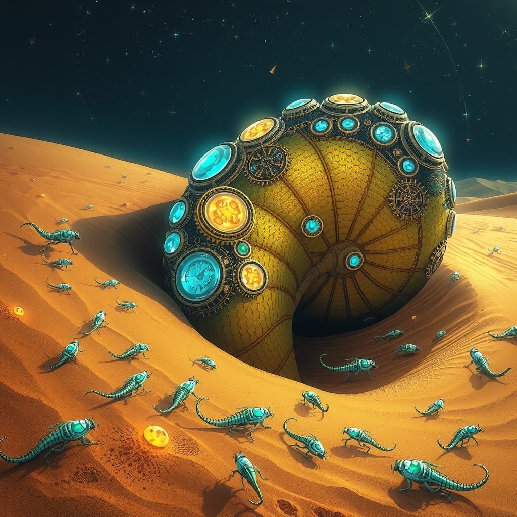 Bioluminescent Sandworm in Steampunk Alien Desert