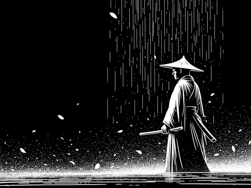 Samurai in Contemplation Amidst a Stormy Night
