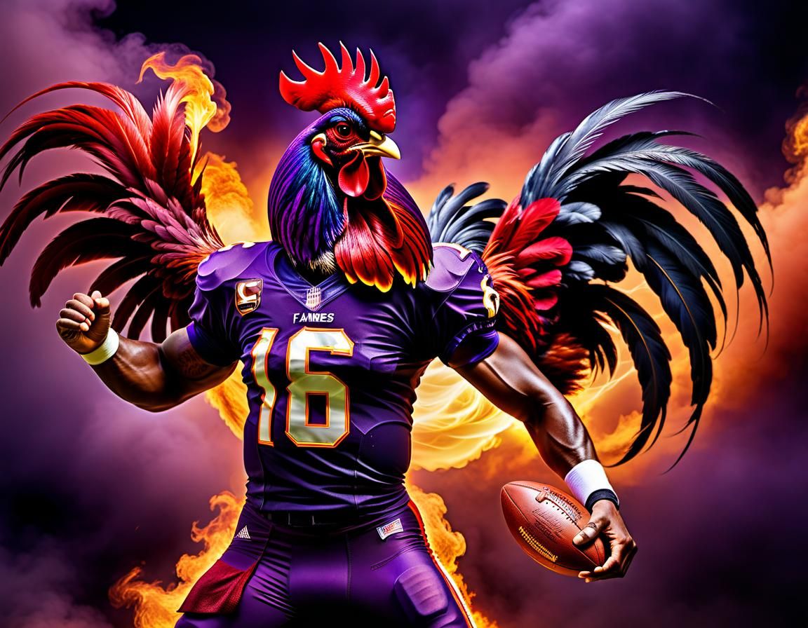 Aggressive Quarterback Charges with Rooster in Hyperrealisti...