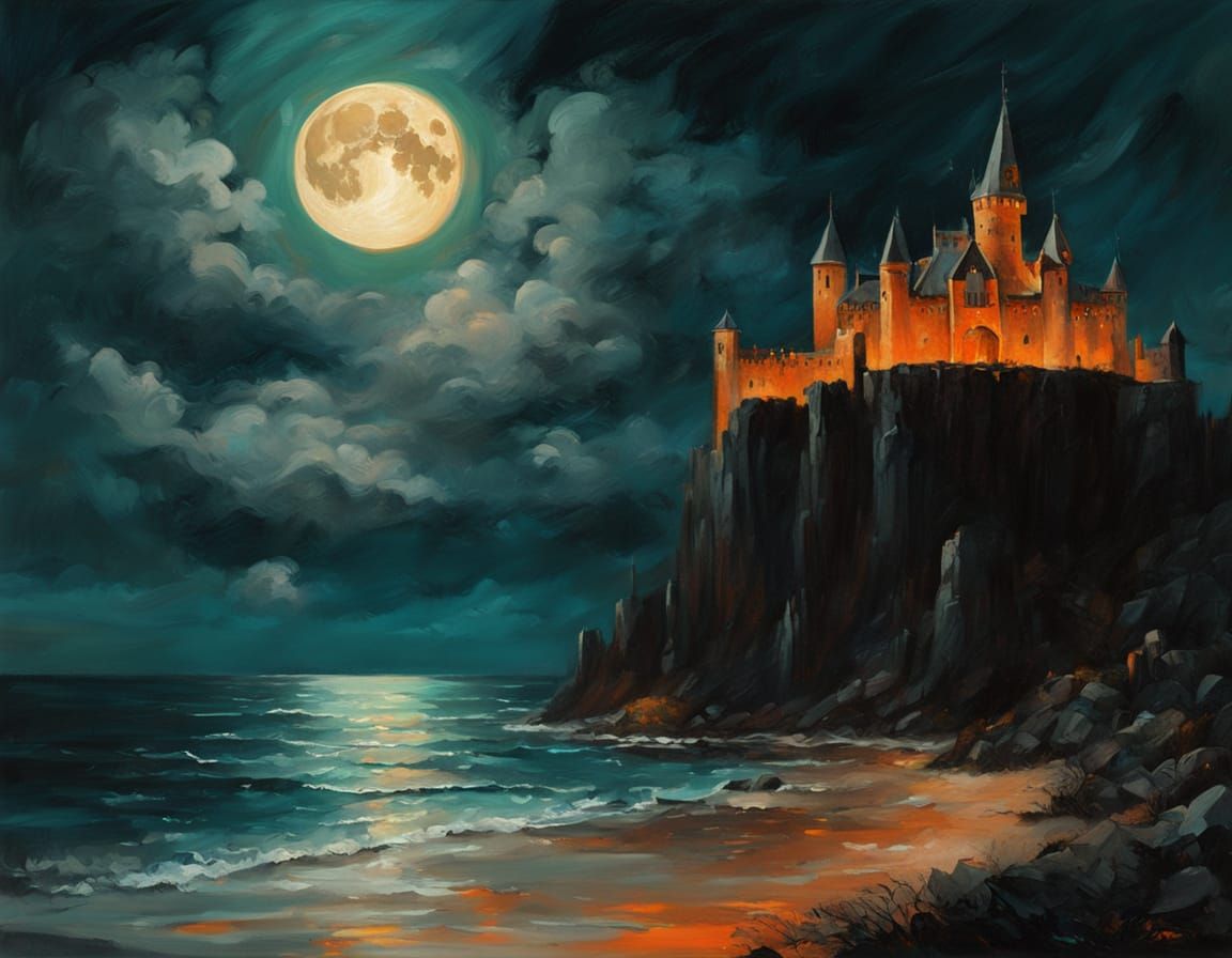 Ethereal Gothic Castle Illuminated by Full Moon