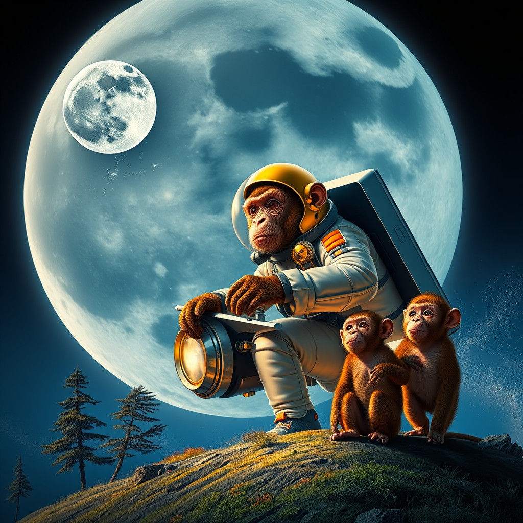Monkey Astronaut Soaring Through Lunar Expanse