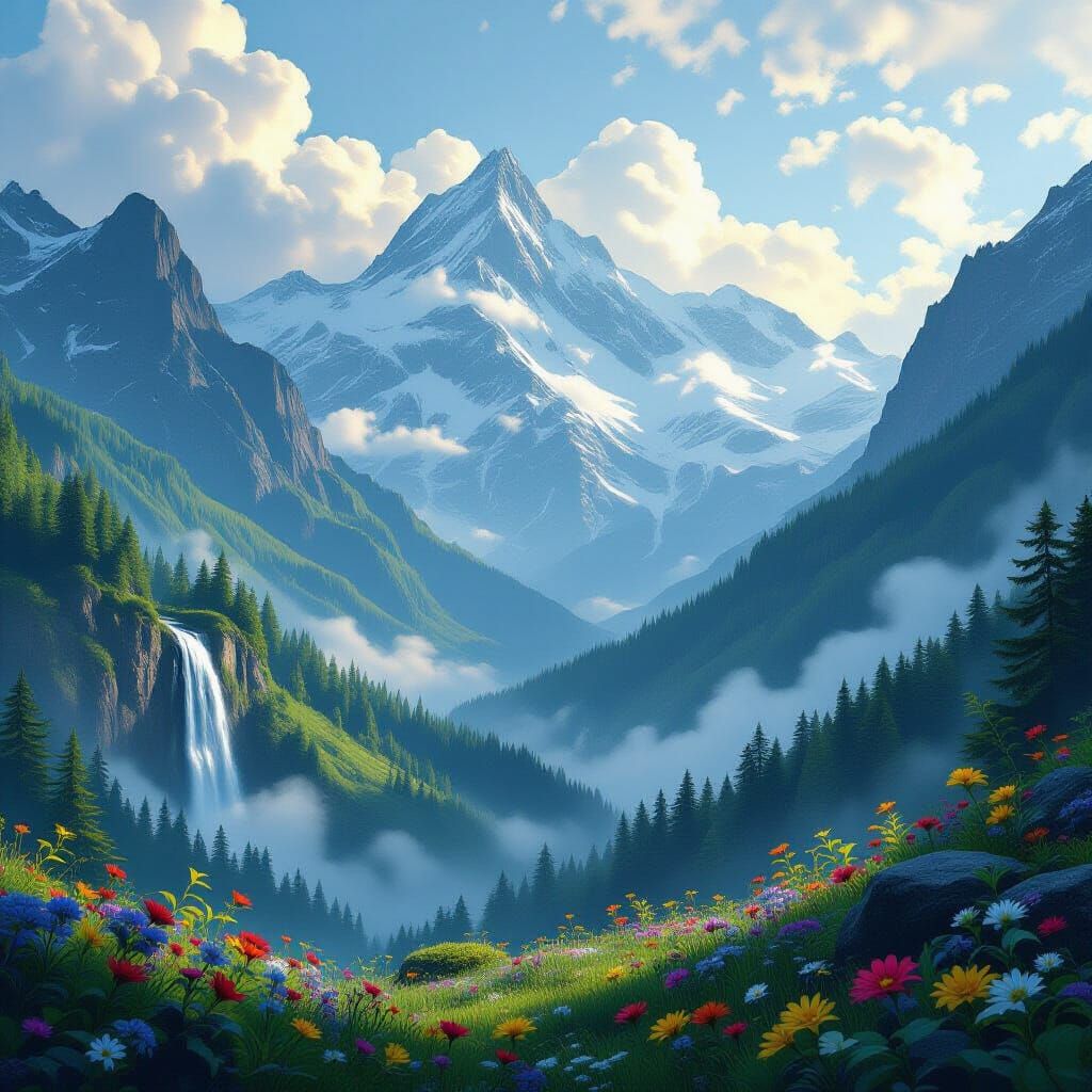 Misty Mountain Peak with Lush Green Forests