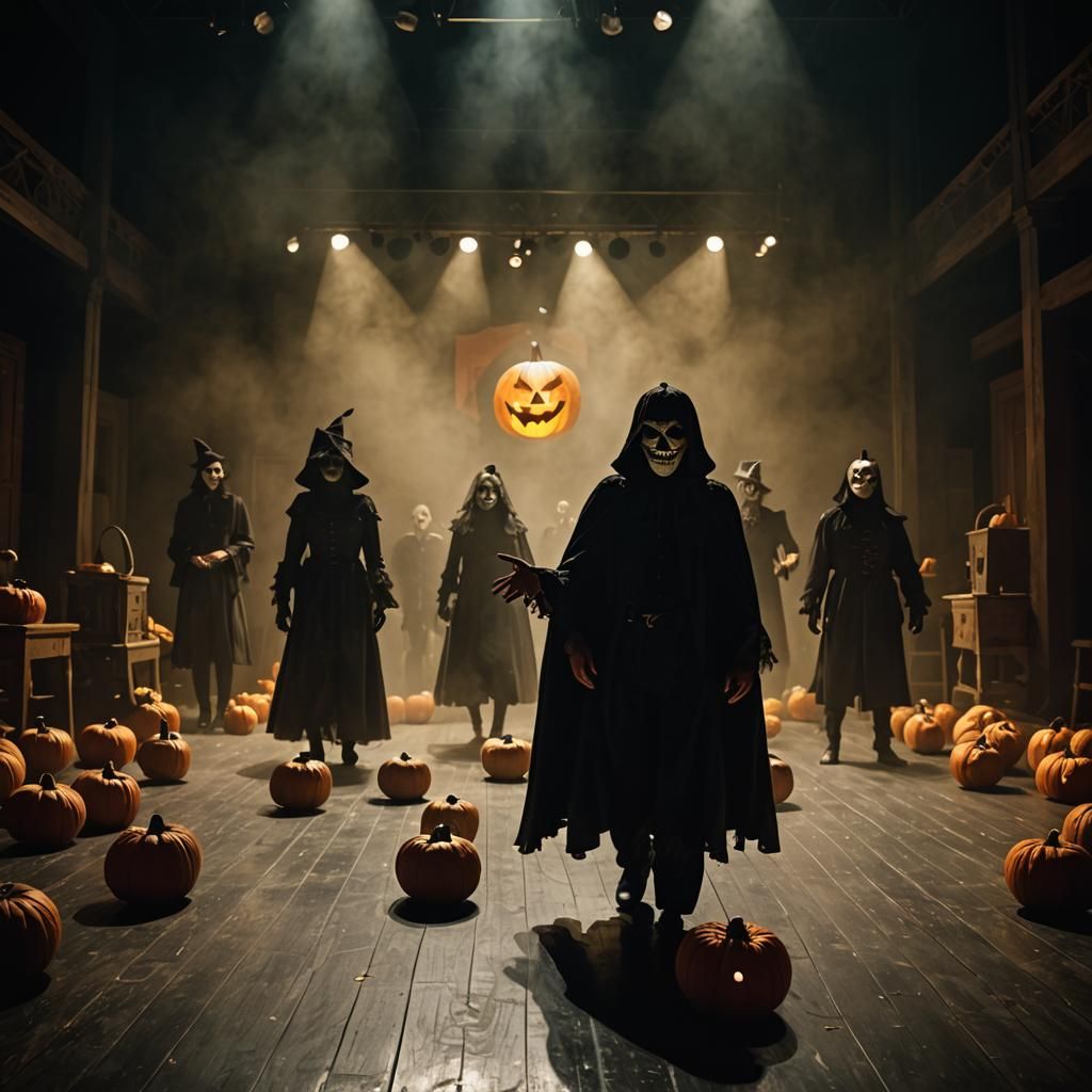 Ominous Theater Scene with Pumpkins and Masks