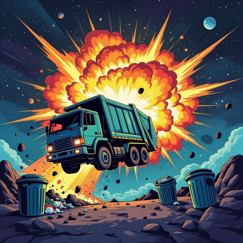 Cartoon Garbage Truck in Space with Supernova