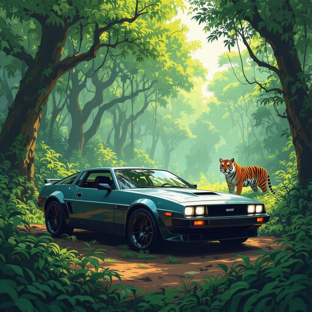 Futuristic Car with Tiger in Jungle Art