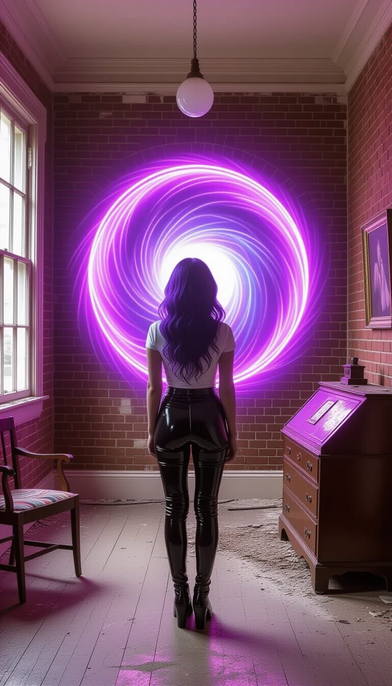 Woman Gazes Into Swirling Neon Portal in Derelict Mansion Ro...