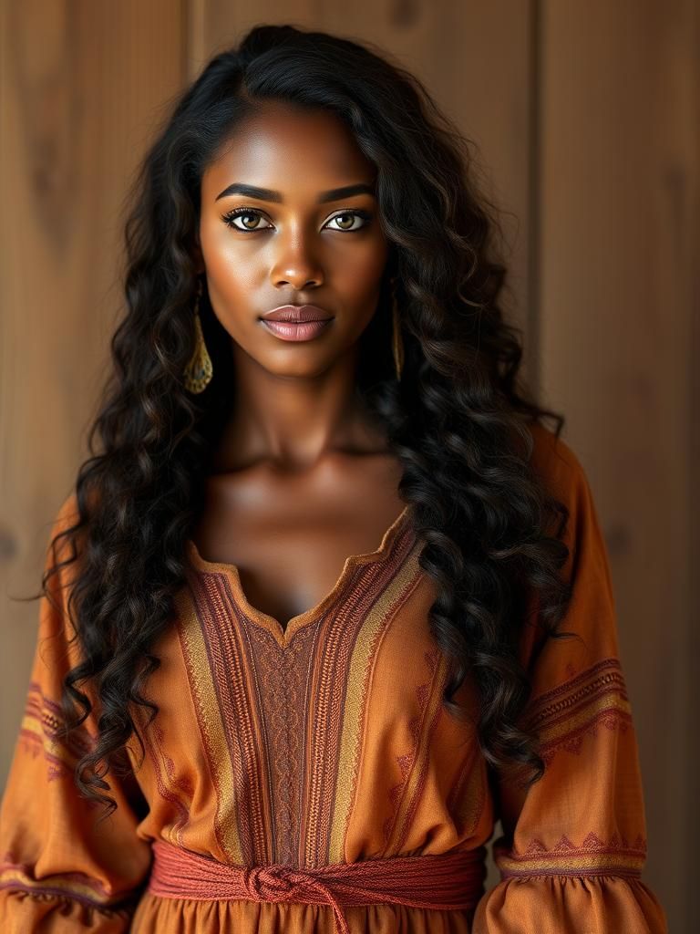 Beautiful Woman with Curly Hair in Peasant Dress