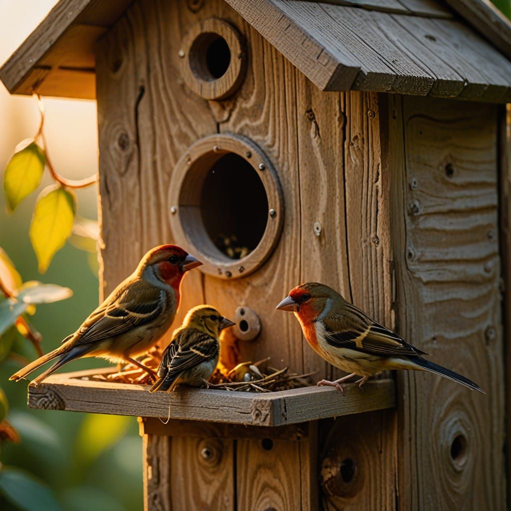 Finch Family in Birdhouse: An Oil Painting