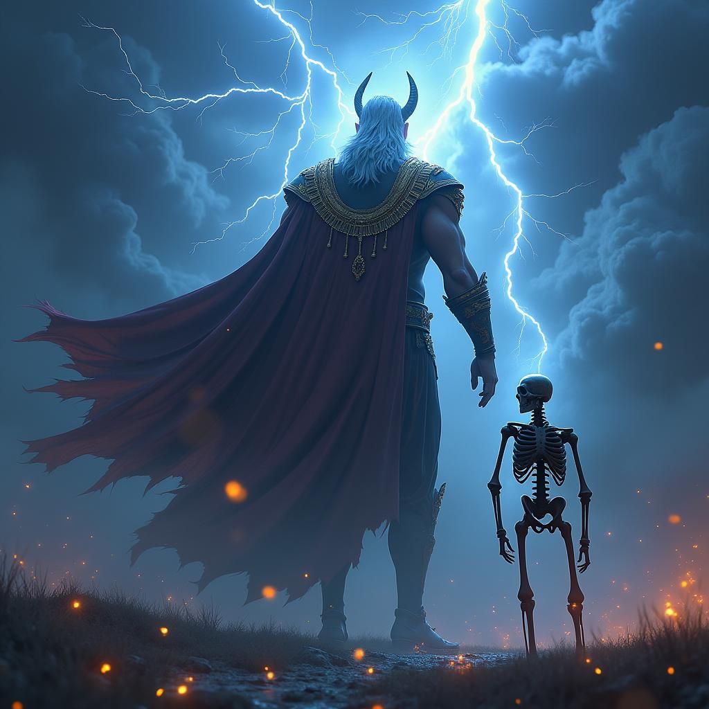 Thunder God with Skeleton Face in Dramatic Cloudscape