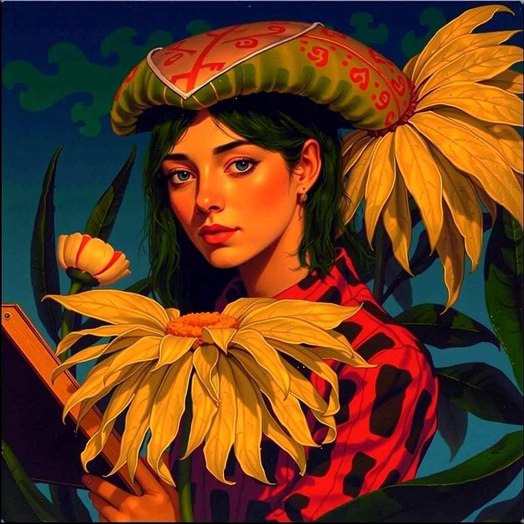 Woman with Teal Hair and Flower in Hyper-realistic Style