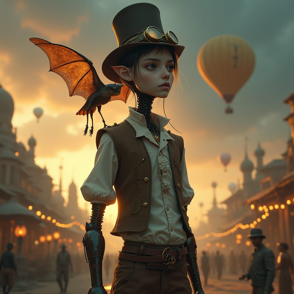 Ethereal Android Explorer in Steampunk Cityscape
