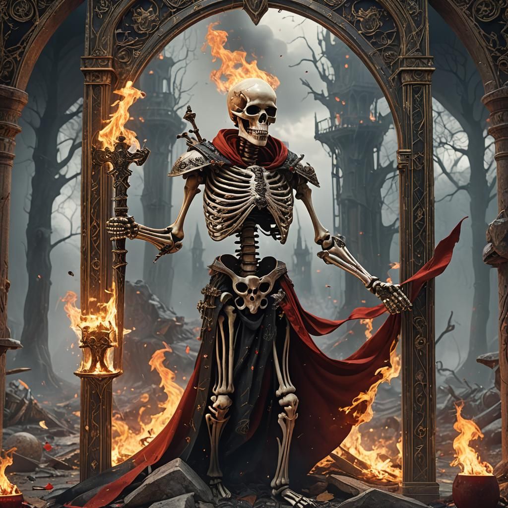 Tarot Card 'The Power' Skeleton with Fire
