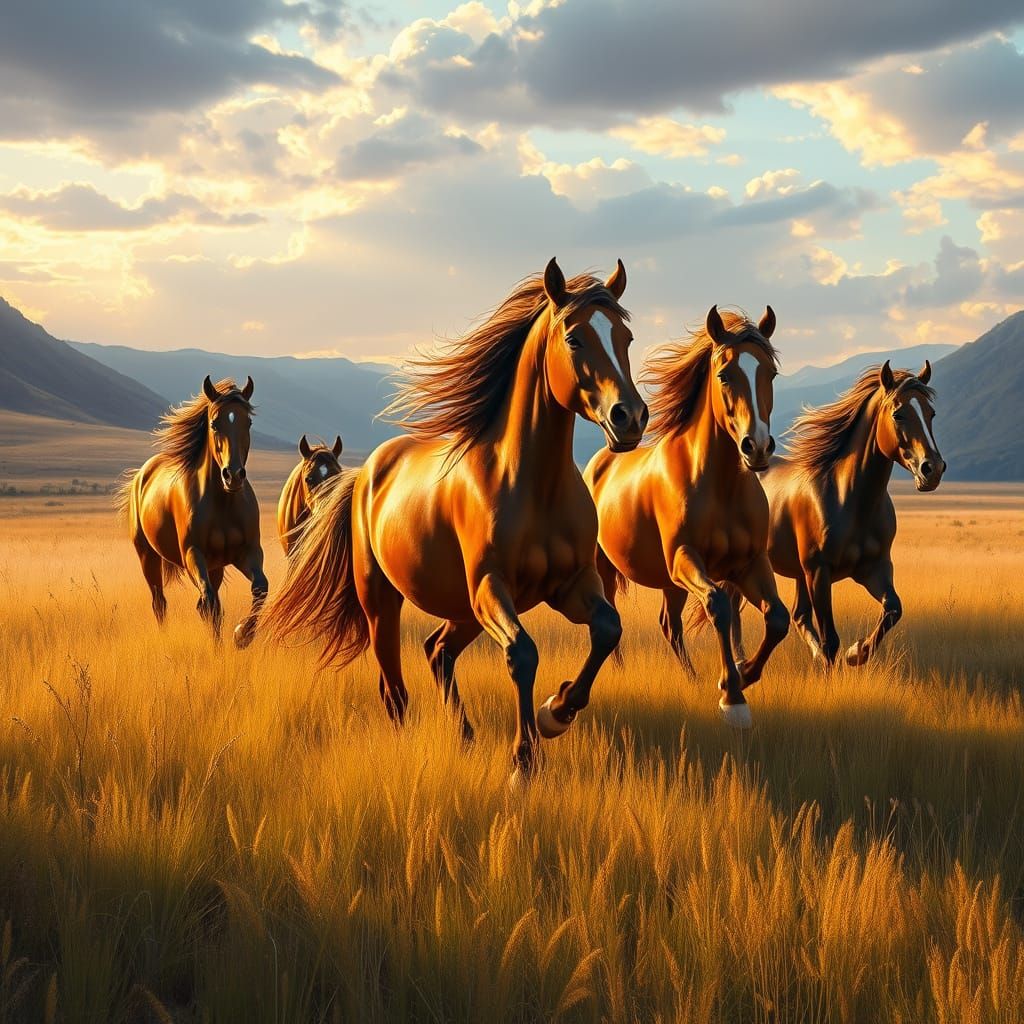 Wild Horses Gallop Through Golden Meadow: Romantic Landscape