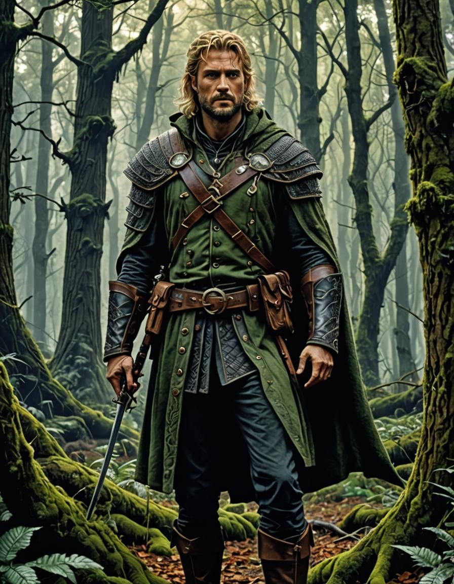 Robin Hood in Enchanted Forest, Detailed Ink Drawing