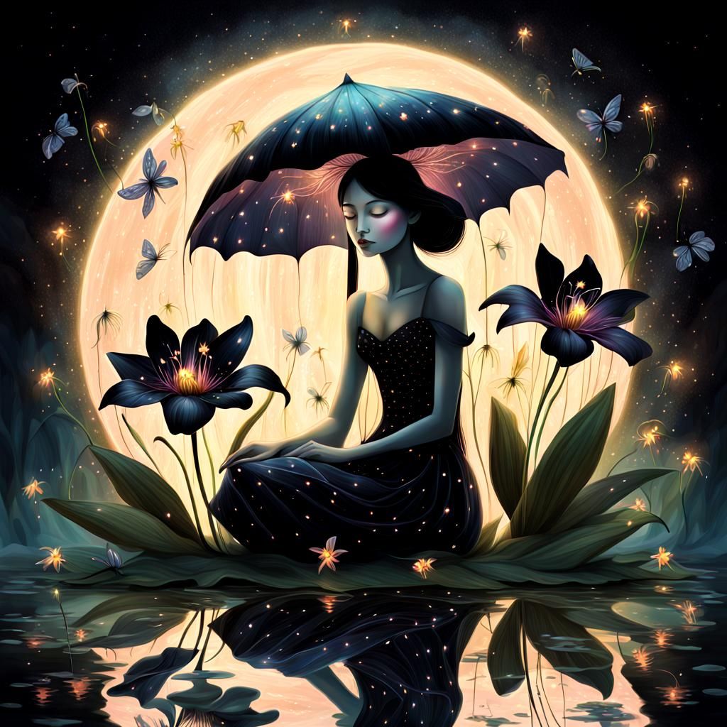Surreal Black Lily with Fairy and Fireflies