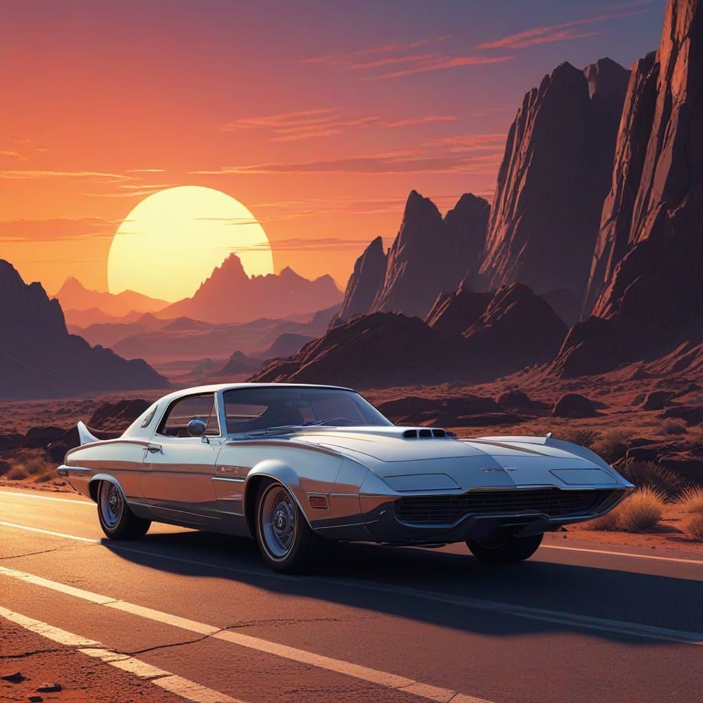 A retro futuristic silver thunderbird cruising around a desolate landscape