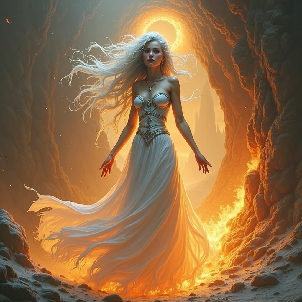 Ice Goddess in Fiery Landscape, Dreamlike Art