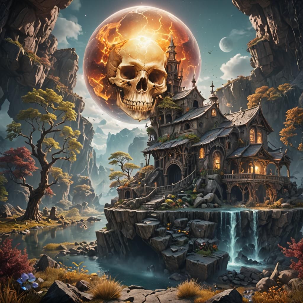 Magical Dreamscape with Skull Rock, Detailed Matte Painting